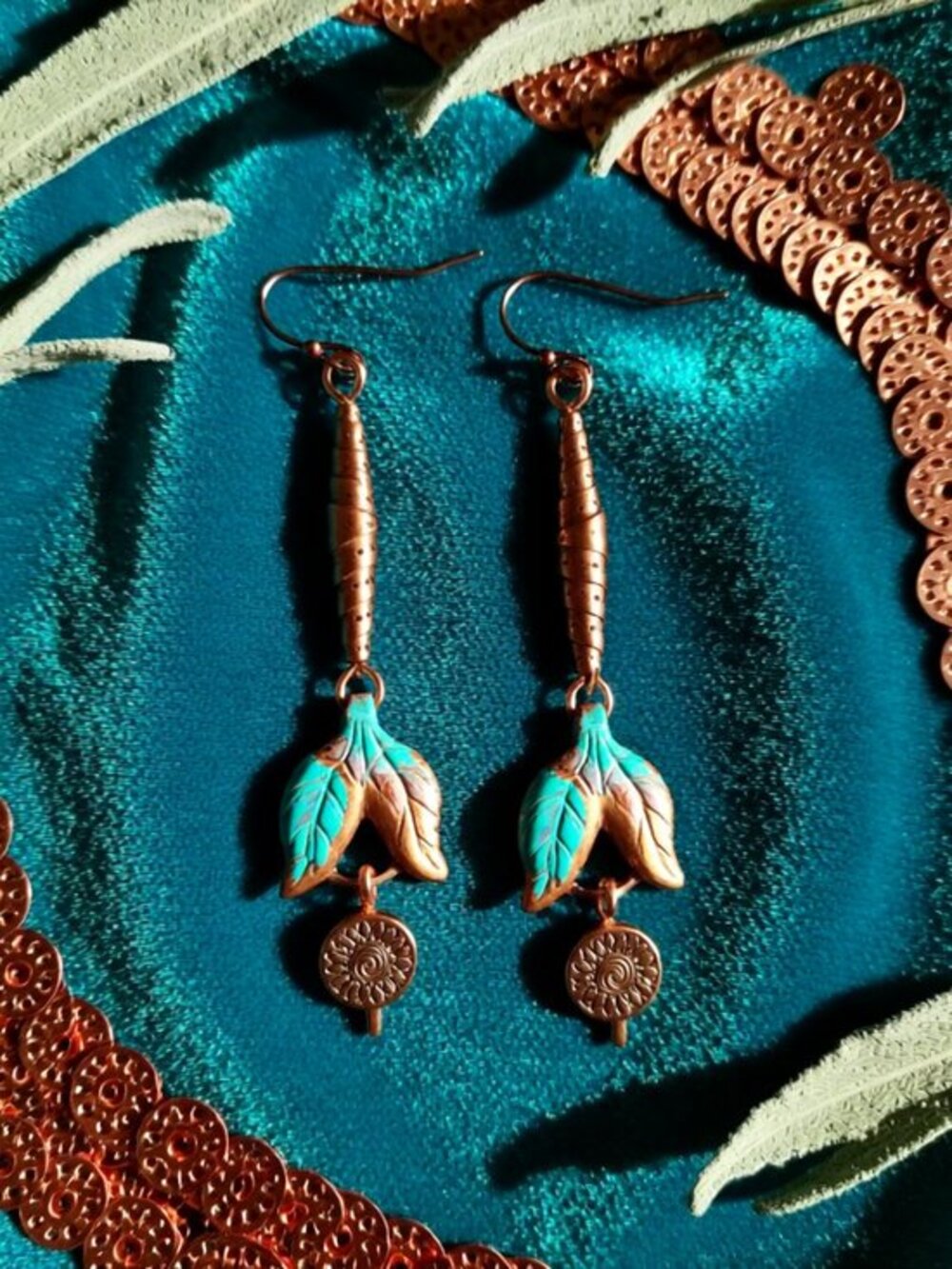 Handmade! Lightweight! Sexy!!! OOAK Patina Painted Copper Leaf Dangle Earrings
